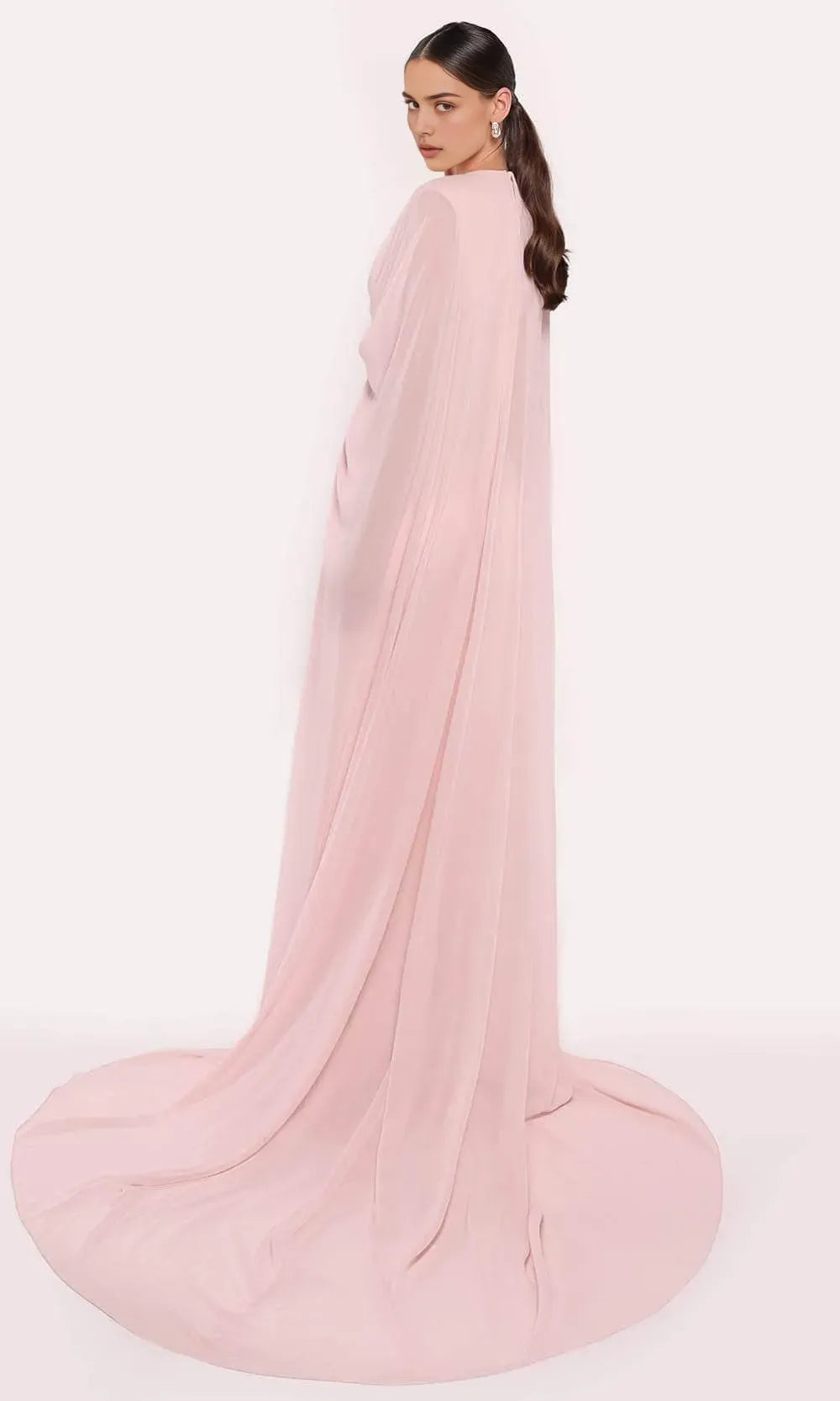 Blush Pink Evening Gown with Plunging V - Neck Draped Cape Sleeves and Twist  Front Detail for Red  Carpet Worthy Occasions