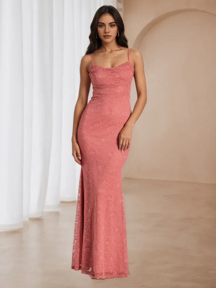 Blush Pink Floral Lace Prom Dress Spaghetti Straps Mermaid Silhouette for Timeless Elegance