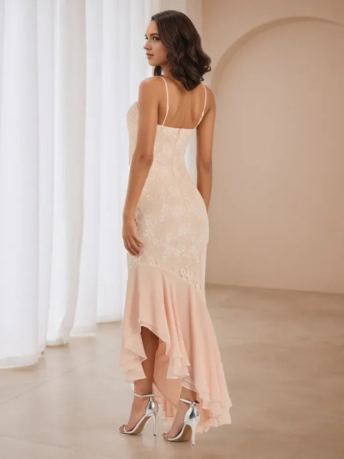 Blush Pink Lace  Chiffon Prom Dress Sweetheart Neckline Mermaid Silhouette Asymmetric Hem for Romantic Galas