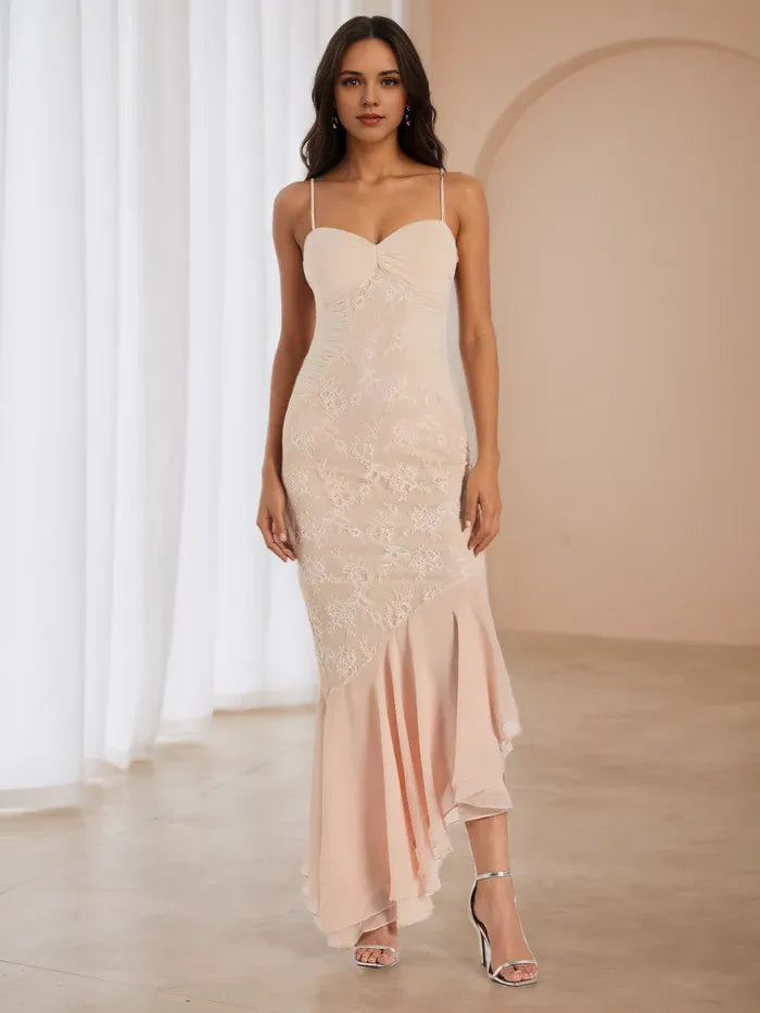 Blush Pink Lace  Chiffon Prom Dress Sweetheart Neckline Mermaid Silhouette Asymmetric Hem for Romantic Galas