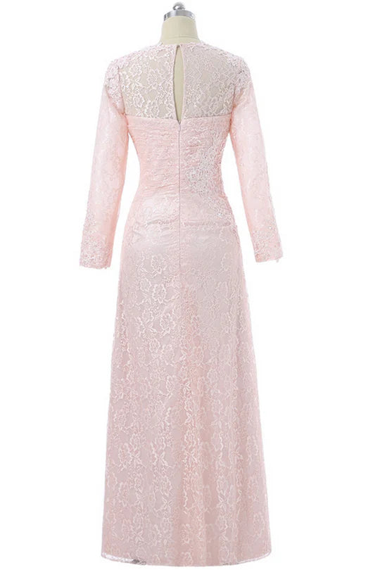 Blush Pink Lace Square Long Sleeve Mother of the Bride Dress