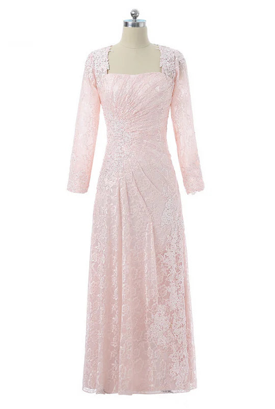 Blush Pink Lace Square Long Sleeve Mother of the Bride Dress