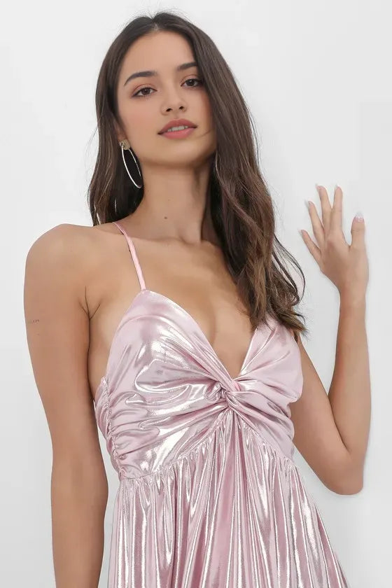Blush Pink Metallic Prom Dress Twist-Front Bodice Plunging V-Neck High-Thigh Slit  Flowy Metallic Skirt  Perfect for Formal Galas