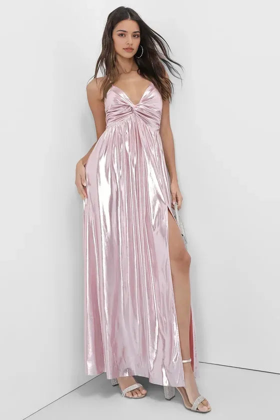 Blush Pink Metallic Prom Dress Twist-Front Bodice Plunging V-Neck High-Thigh Slit  Flowy Metallic Skirt  Perfect for Formal Galas