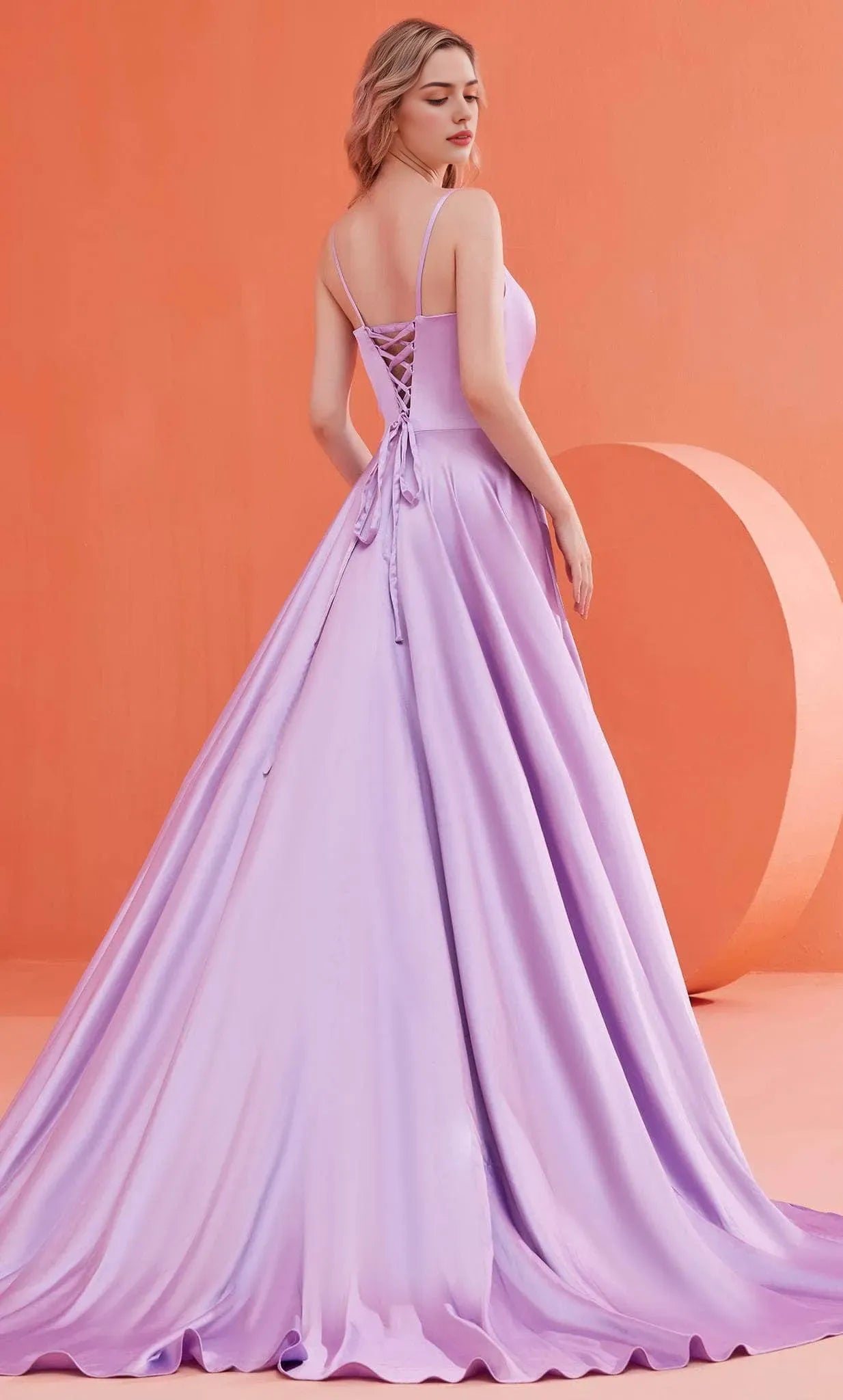 Lilac Satin Evening Dress with Spaghetti Straps Square Neckline and Flowy Ball Gown Skirt for Elegant Formal Occasions