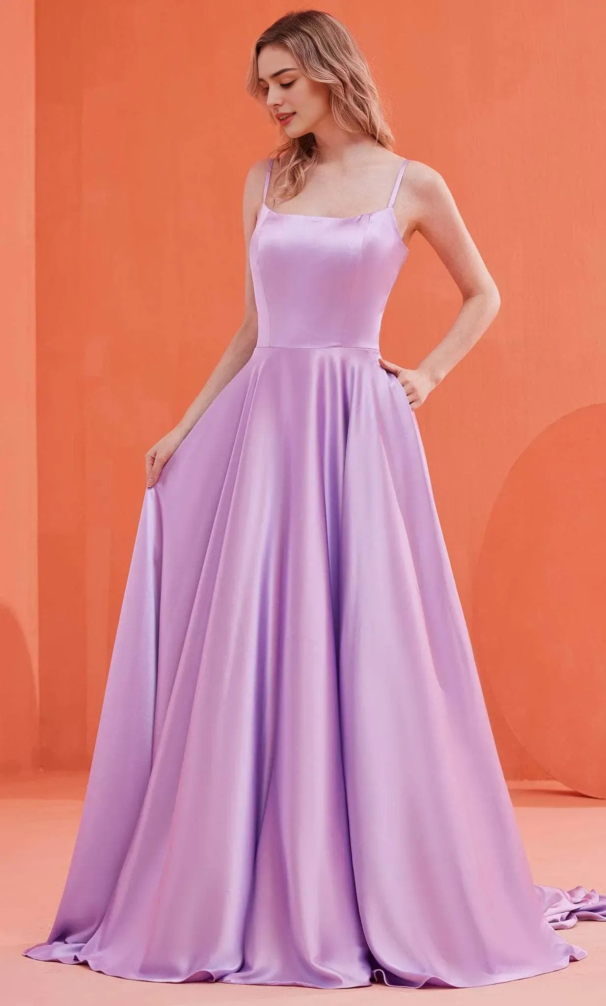 Lilac Satin Evening Dress with Spaghetti Straps Square Neckline and Flowy Ball Gown Skirt for Elegant Formal Occasions