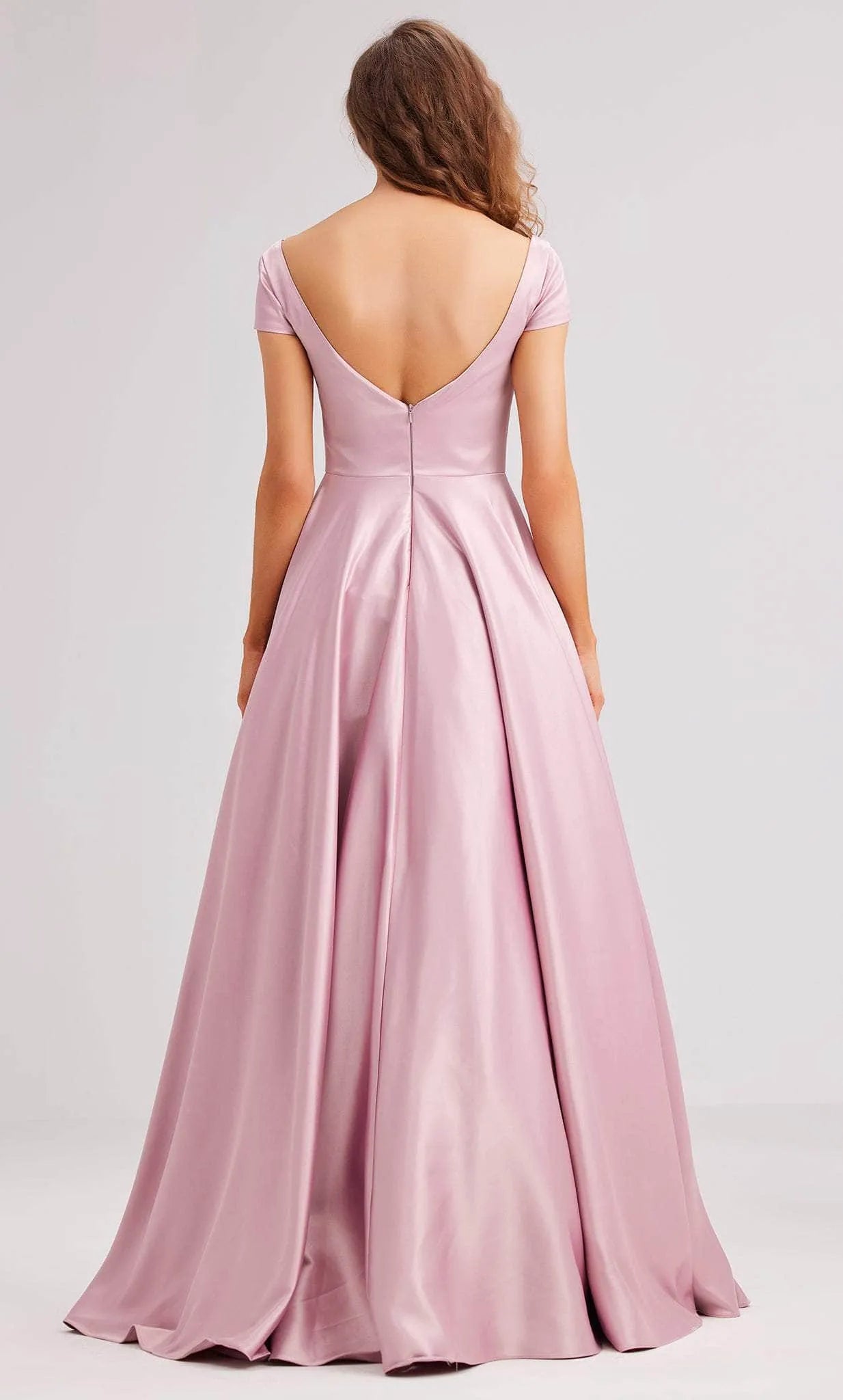 Blush Pink Satin Evening Dress with Off Shoulder Short Sleeves Square Neckline and Flowing Ball Gown Skirt for Elegant Occasions