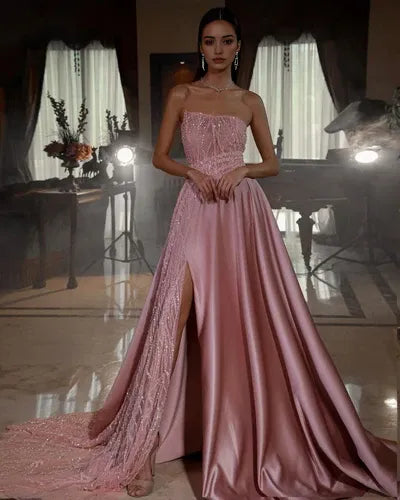 Blush Pink Satin Evening Gown Strapless Beaded Bodice High Side Slit