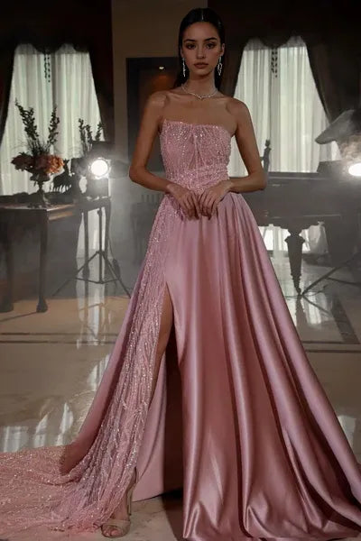 Blush Pink Satin Evening Gown Strapless Beaded Bodice High Side Slit