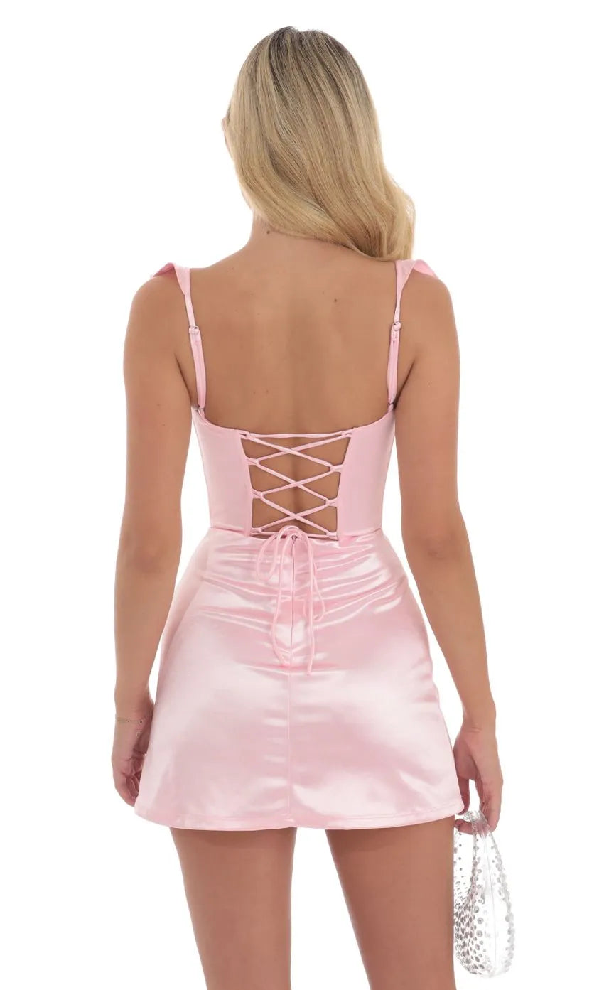 Blush Pink Satin Homecoming Dress with Ruffled Straps Sweetheart Neckline Corset  Style Bodice  Side Slit  Perfect for School Dances