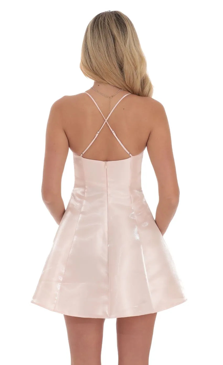 Blush Pink Satin Homecoming Dress with Spaghetti Straps Square Neckline Flared Mini Skirt  Perfect for School Dances
