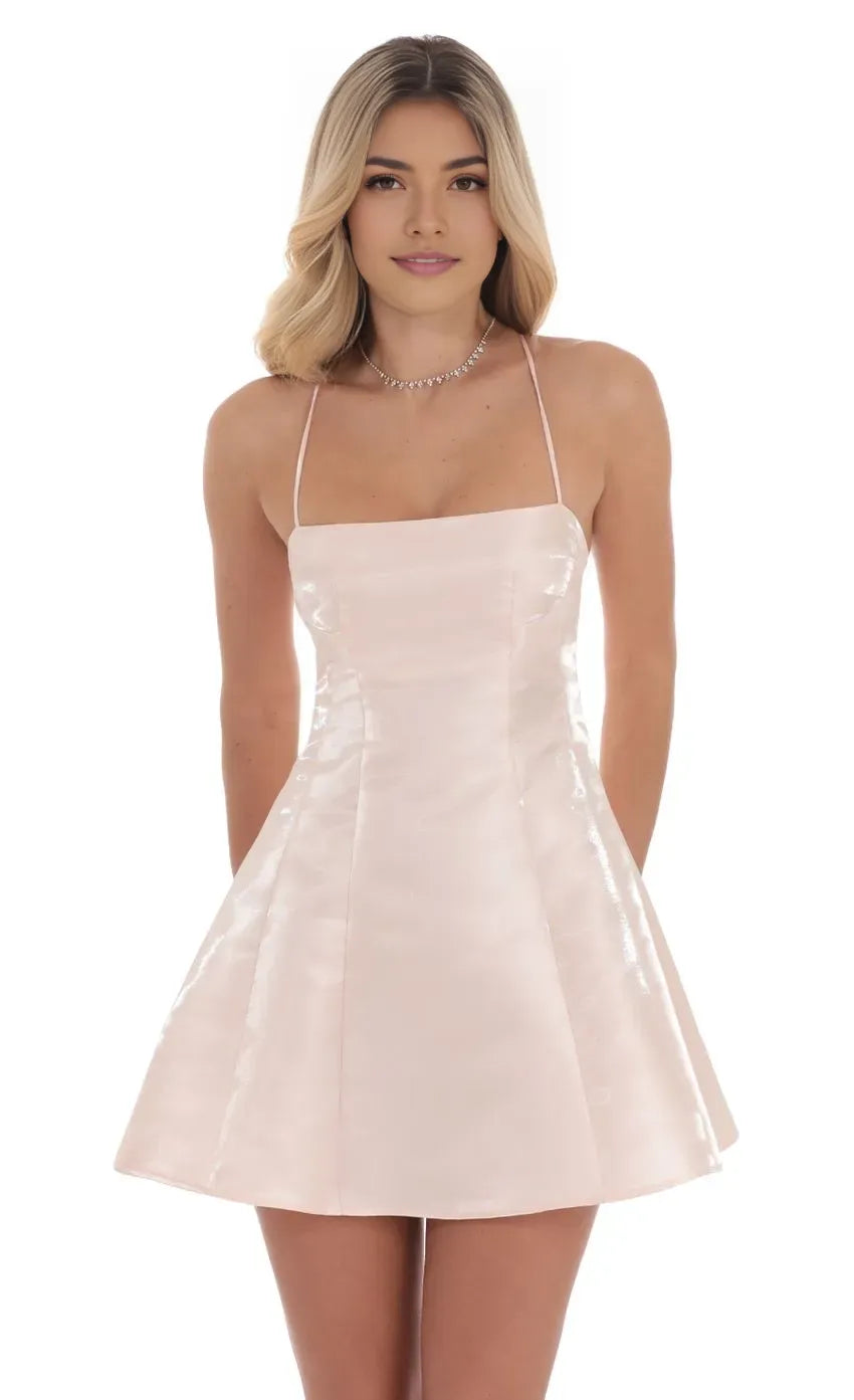 Blush Pink Satin Homecoming Dress with Spaghetti Straps Square Neckline Flared Mini Skirt  Perfect for School Dances