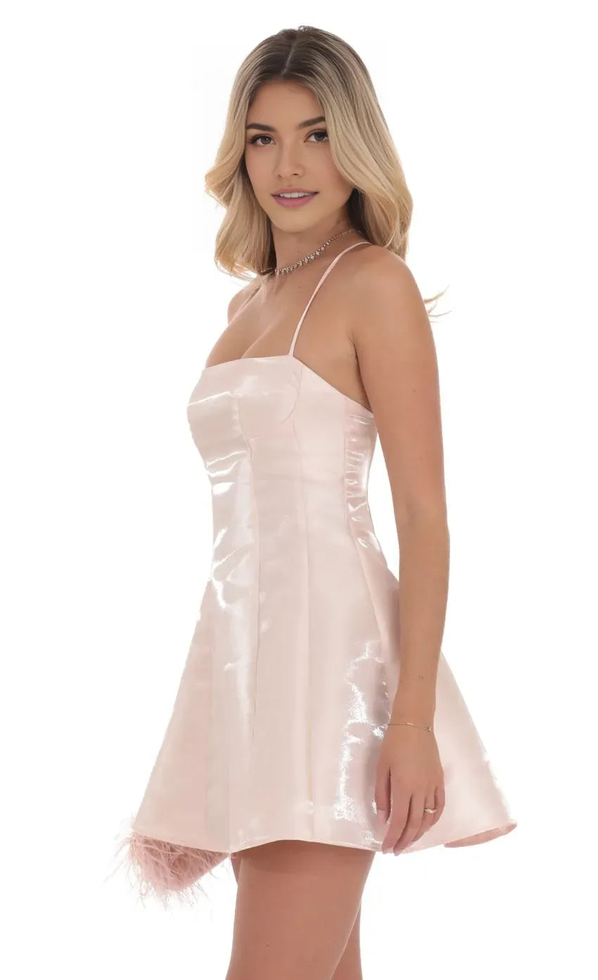 Blush Pink Satin Homecoming Dress with Spaghetti Straps Square Neckline Flared Mini Skirt  Perfect for School Dances
