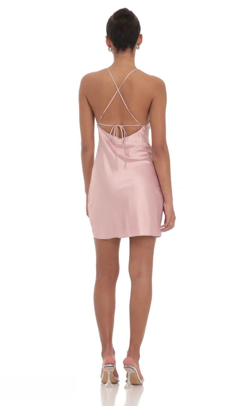 Blush Pink Satin Homecoming Dress with Thin Spaghetti Straps Sweetheart Neckline  Bodycon Fit
