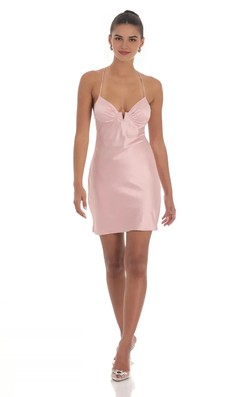 Blush Pink Satin Homecoming Dress with Thin Spaghetti Straps Sweetheart Neckline  Bodycon Fit