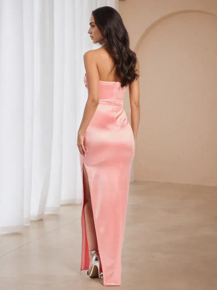 Blush Pink Satin Prom Dress Strapless Ruched Bodice Fairy Tale Charm for School Dances