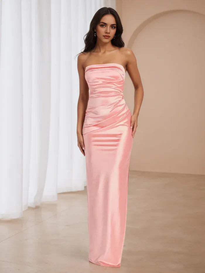 Blush Pink Satin Prom Dress Strapless Ruched Bodice Fairy Tale Charm for School Dances