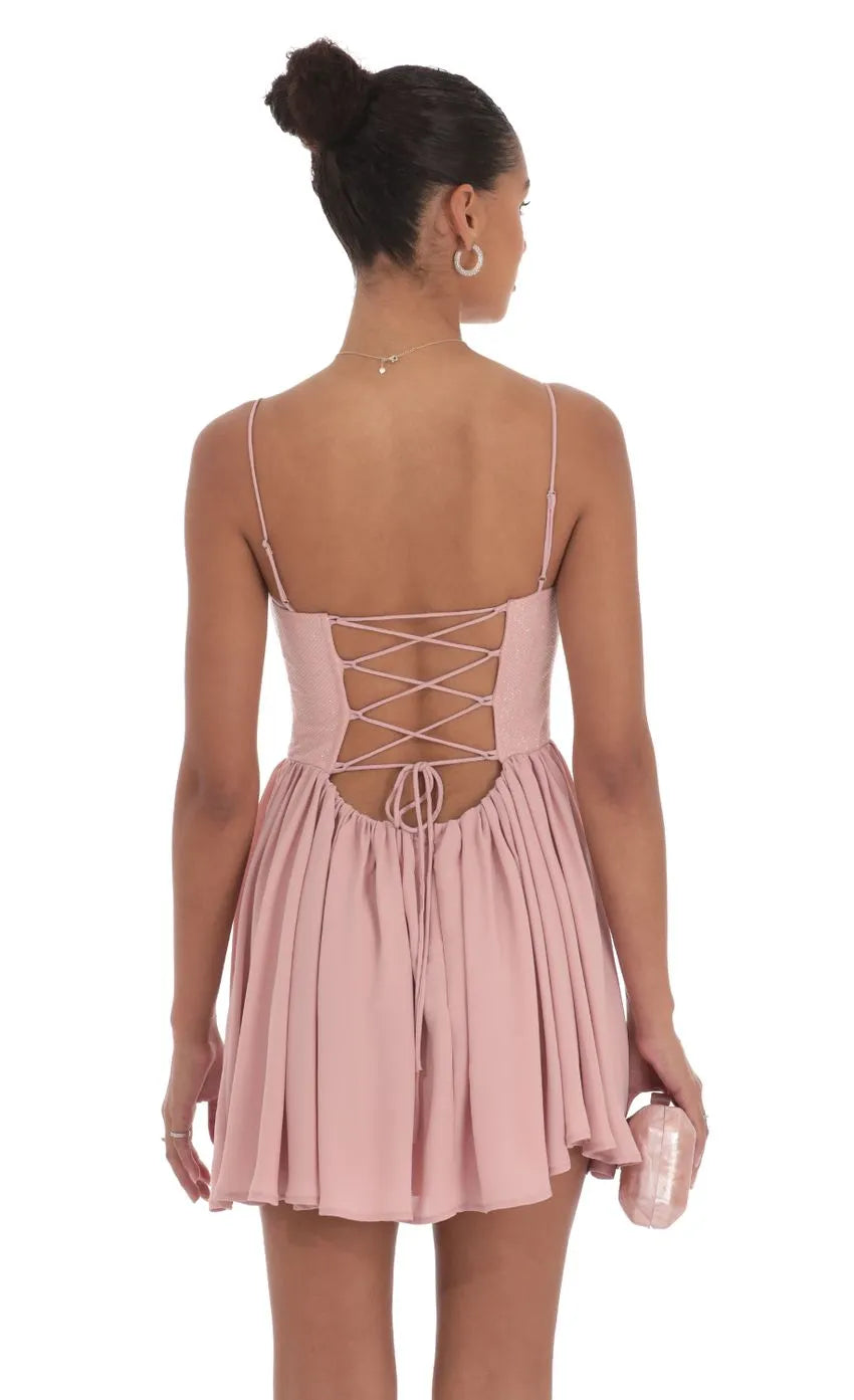 Blush Pink Sequin  Bodice Homecoming Dress with Spaghetti Straps Square Neckline Asymmetric Flared Skirt