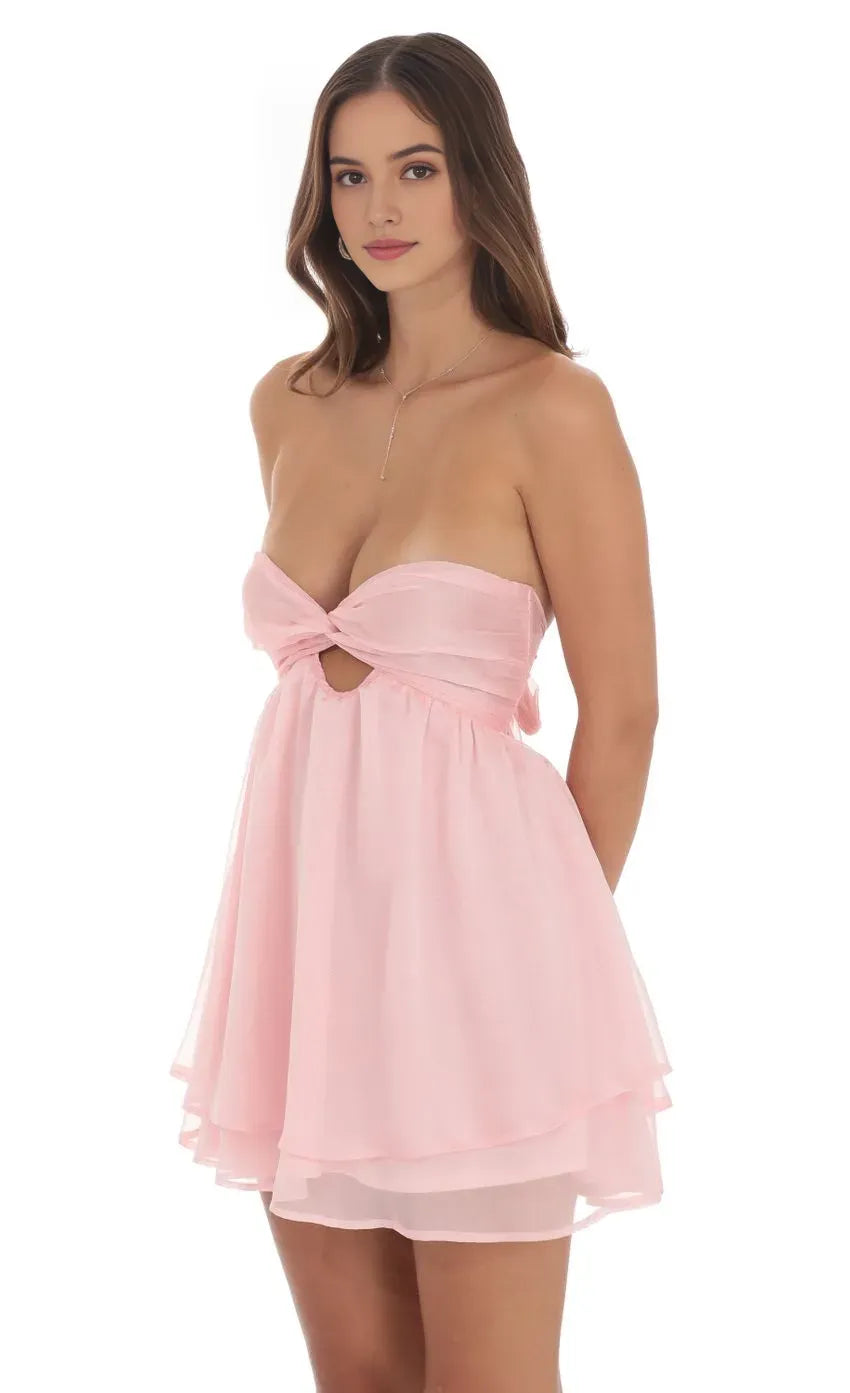 Blush Pink Strapless Chiffon Homecoming Dresses with Cut Out Detail Perfect for Homecoming  School Dances
