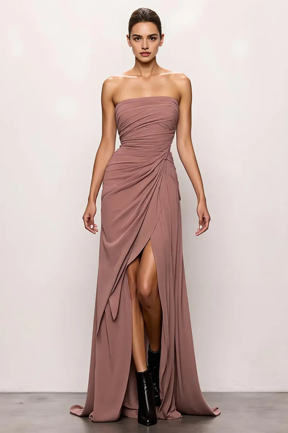 Blush Strapless Backless Ruched Long Evening Dress with Slit