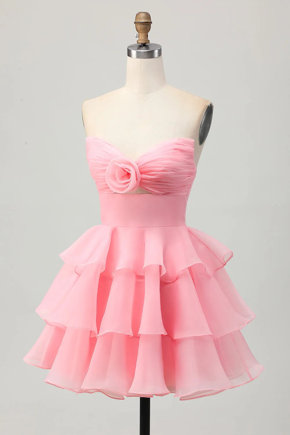 Blush Strapless Floral Ruched Short Homecoming Dress with Ruffles