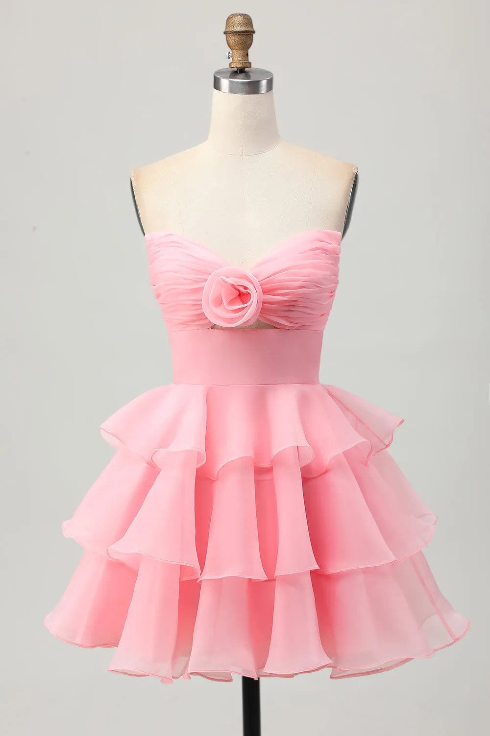 Blush Strapless Floral Ruched Short Homecoming Dress with Ruffles
