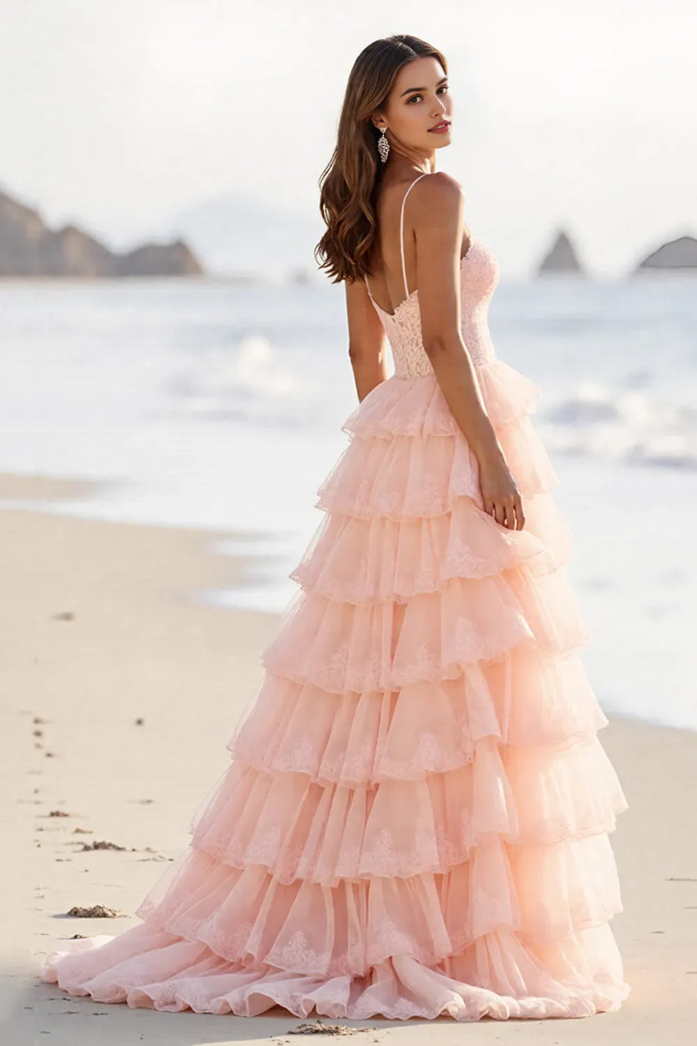 Blush Tulle A Line Spaghetti Straps Long Tiered Prom Dress with Slit