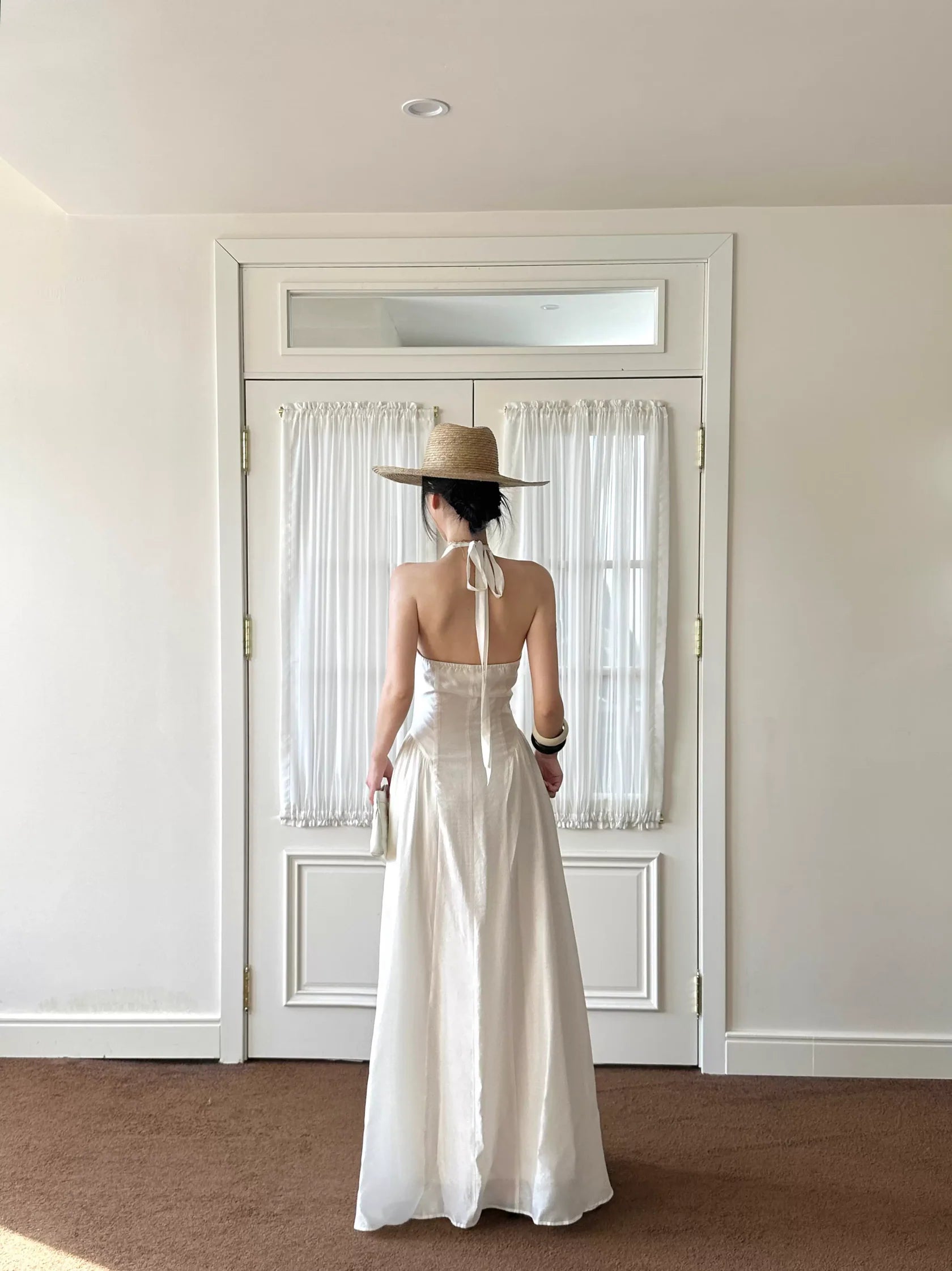 Bohemian A-Line Halter-Neck Draped White Satin Long Evening Dresses