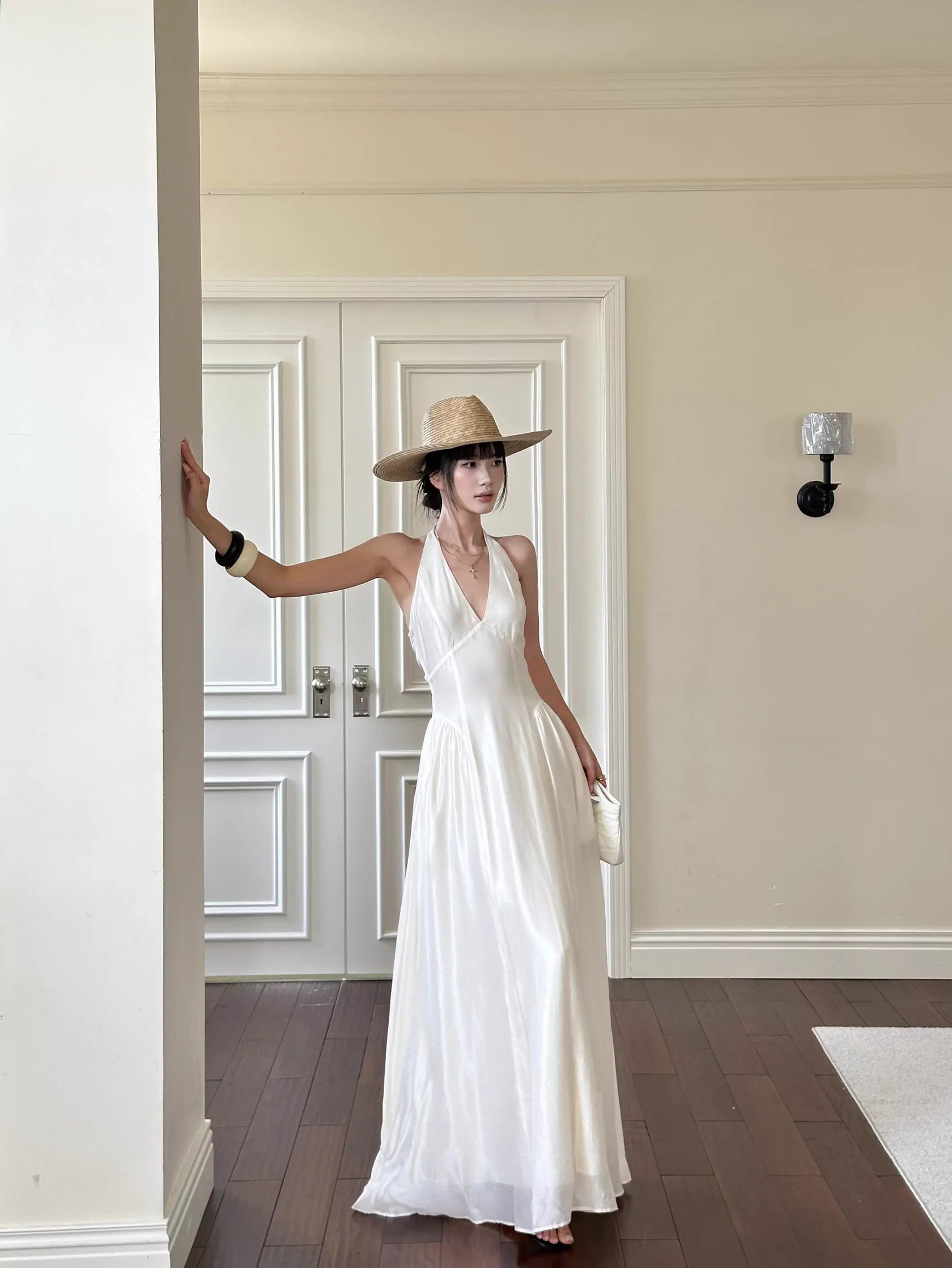 Bohemian A-Line Halter-Neck Draped White Satin Long Evening Dresses