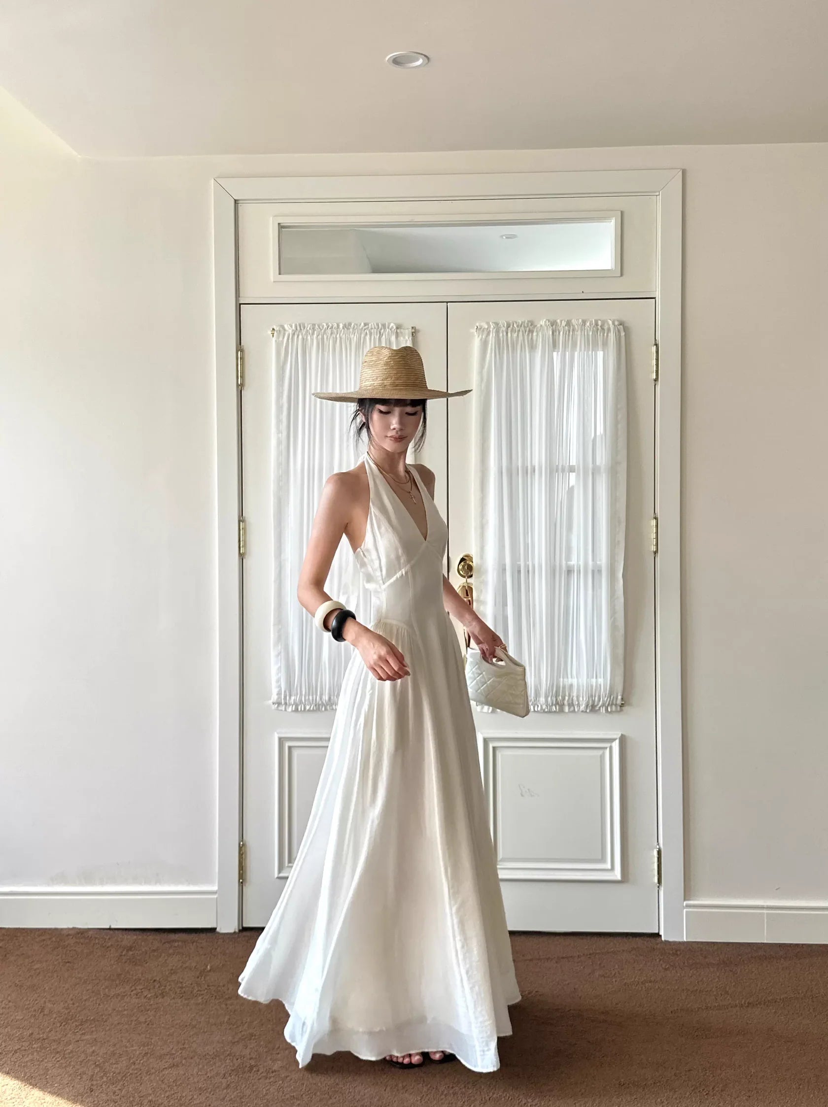 Bohemian A-Line Halter-Neck Draped White Satin Long Evening Dresses