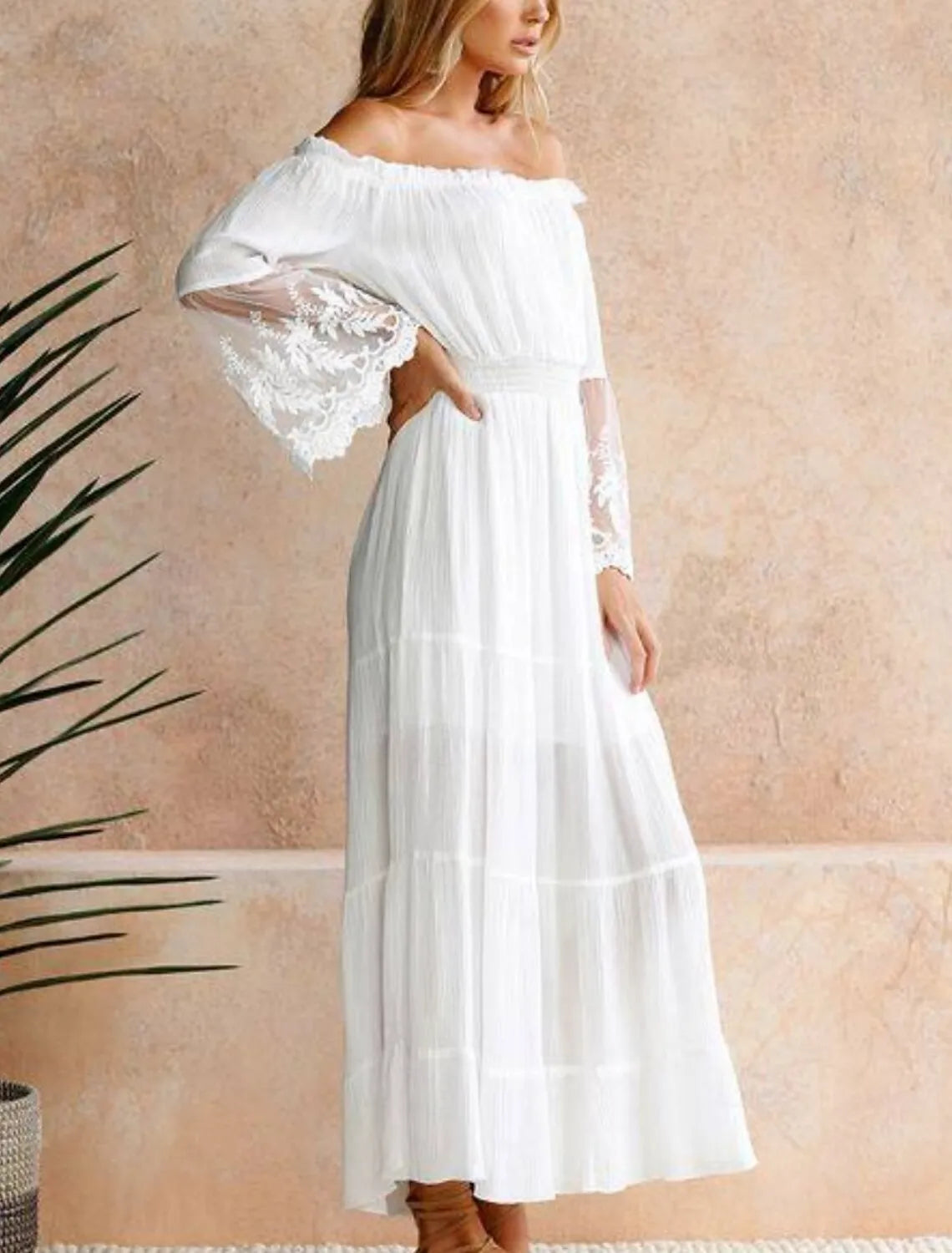Bohemian A-Line Off-Shoulder 3/4 Sleeve Lace White Maxi Prom Dress for Women Ready to Ship