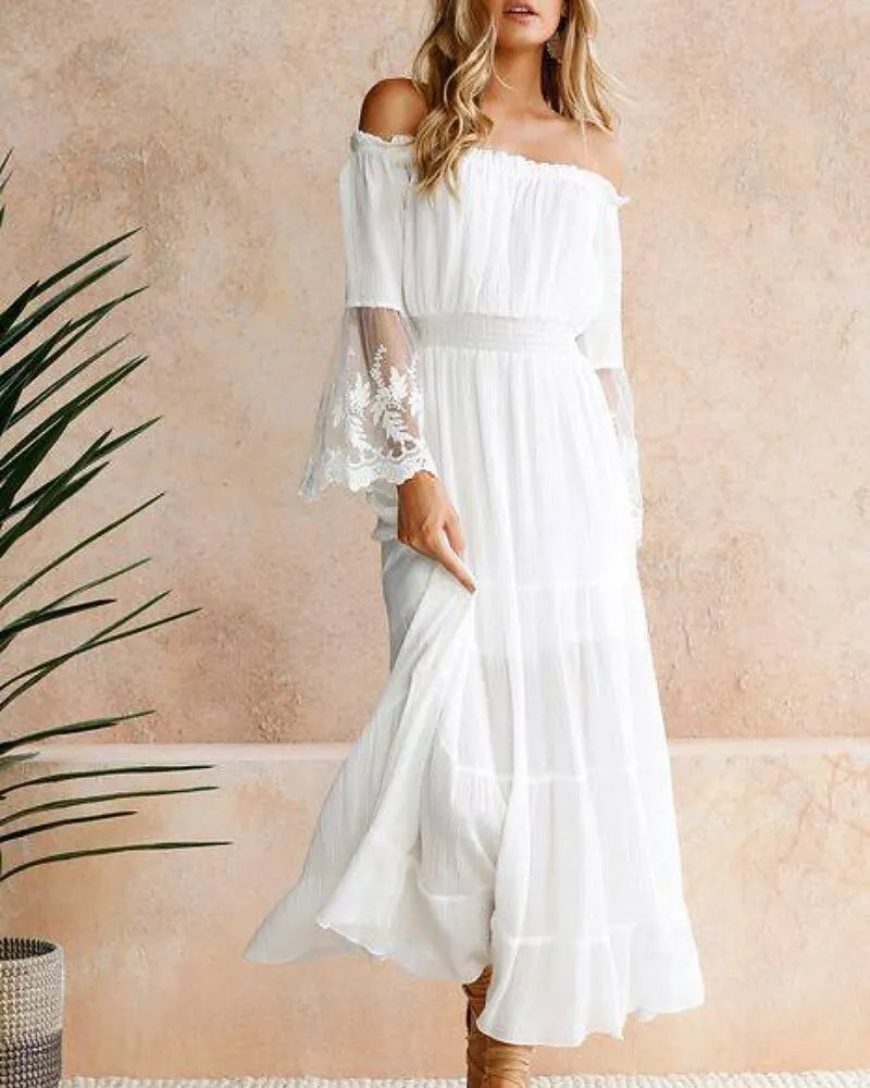 Bohemian A-Line Off-Shoulder 3/4 Sleeve Lace White Maxi Prom Dress for Women Ready to Ship