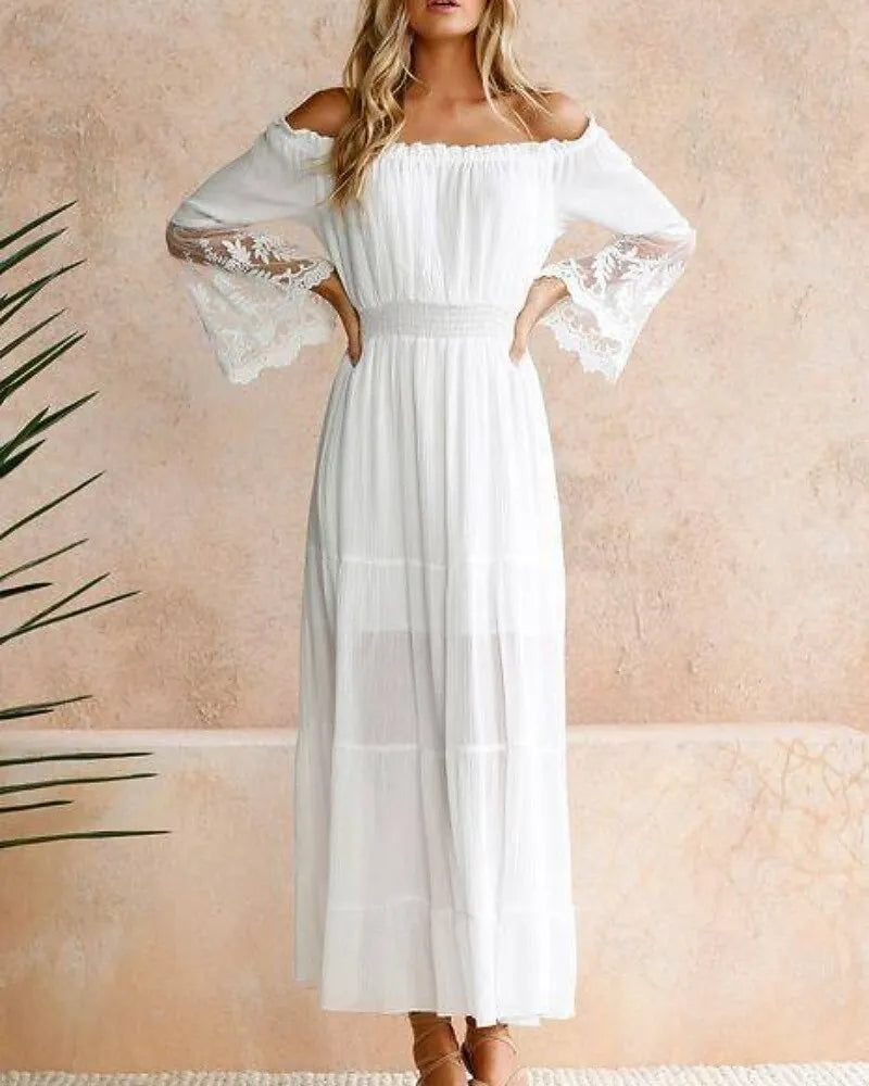 Bohemian A-Line Off-Shoulder 3/4 Sleeve Lace White Maxi Prom Dress for Women Ready to Ship