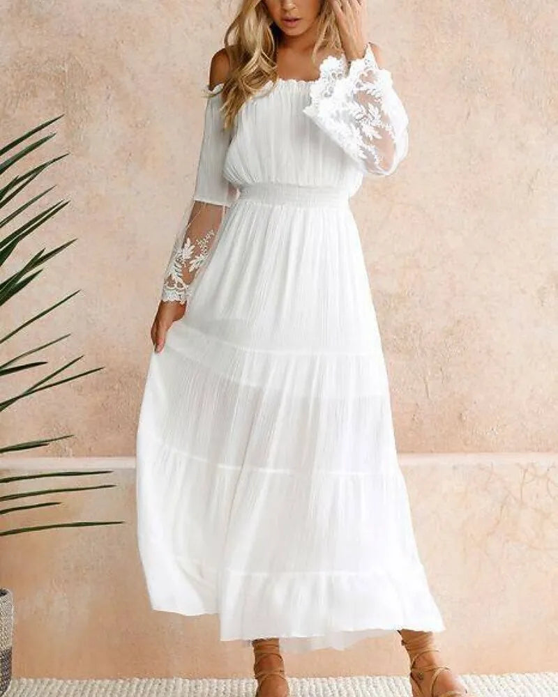 Bohemian A-Line Off-Shoulder 3/4 Sleeve Lace White Maxi Prom Dress for Women Ready to Ship