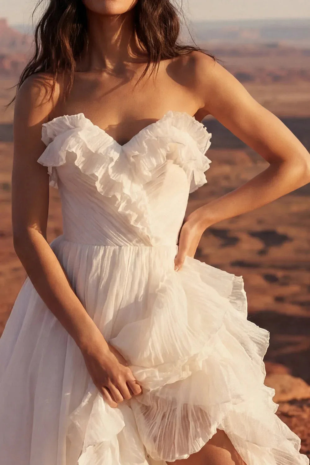 Bohemian A-Line Strapless Ruffled Ruched Ivory Train Wedding Dress