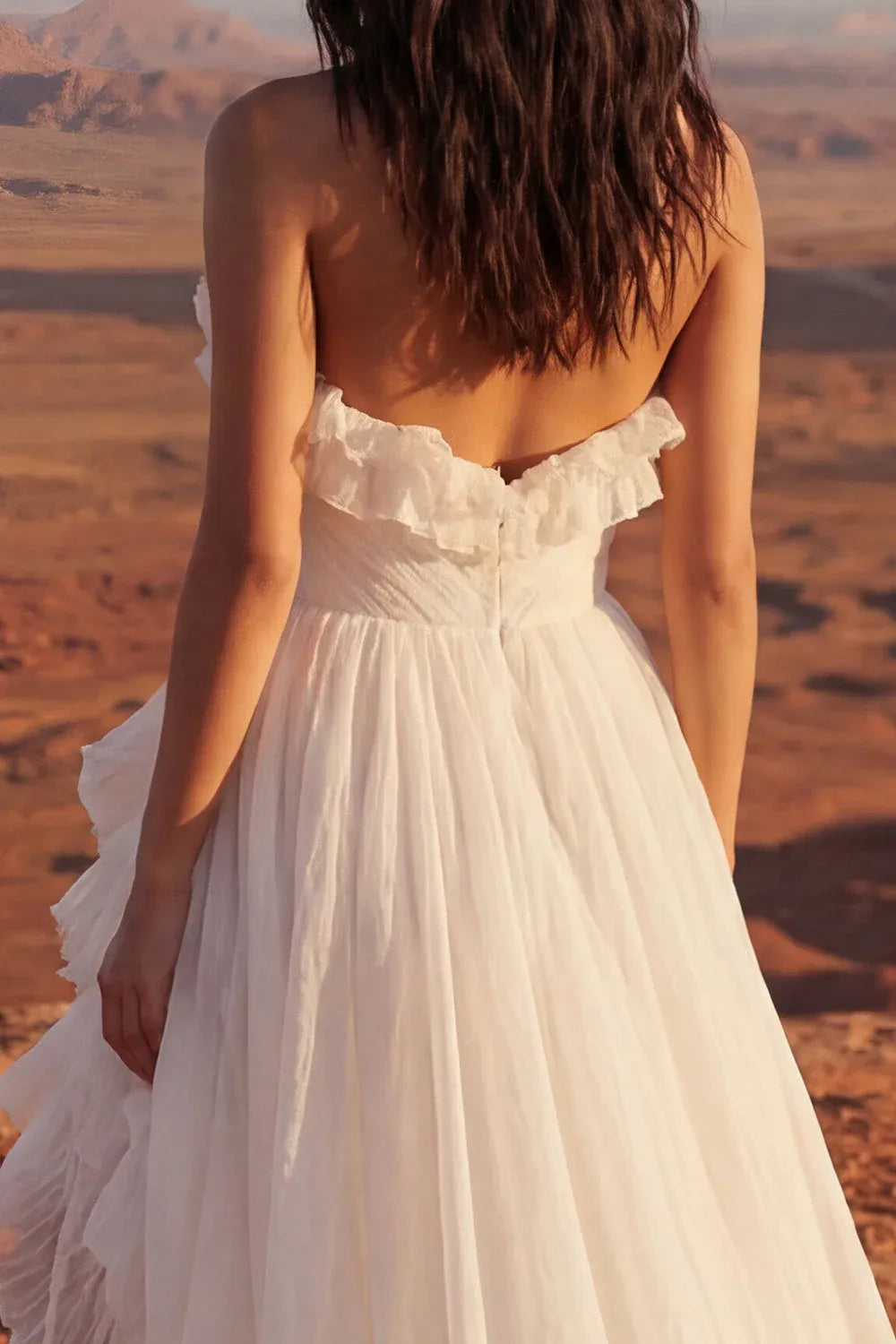 Bohemian A-Line Strapless Ruffled Ruched Ivory Train Wedding Dress