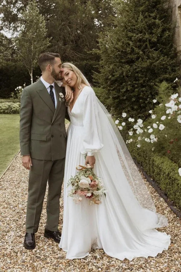 Bohemian A-Line V-Neck Bishop-Sleeve Open-Back Sweep-Train Satin Wedding Dresses