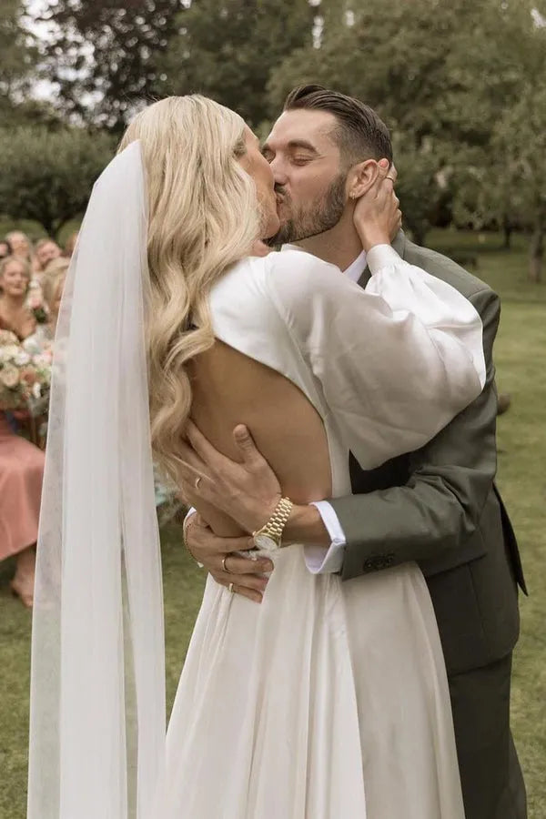 Bohemian A-Line V-Neck Bishop-Sleeve Open-Back Sweep-Train Satin Wedding Dresses