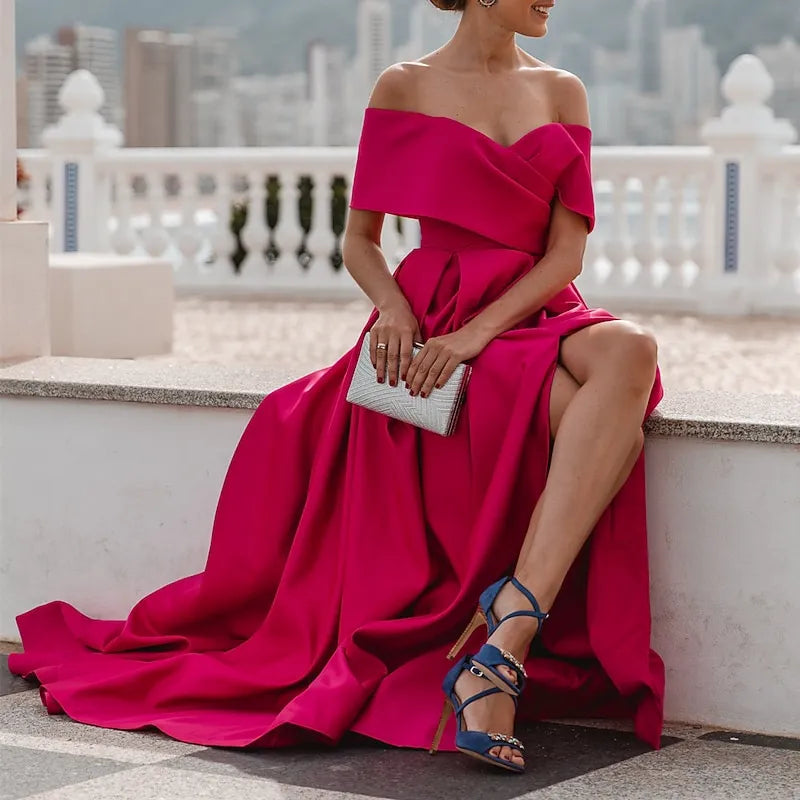 Bold A-line Off-the-shoulder Sleeveless Draped Hot Pink Maxi Prom Dress for Women Ready to Ship