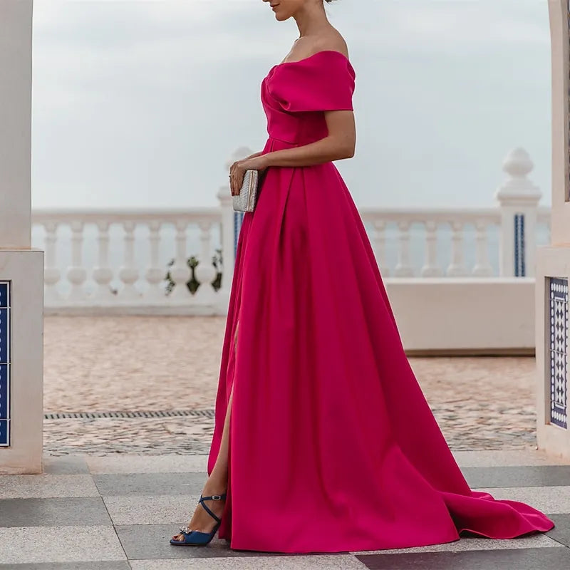 Bold A-line Off-the-shoulder Sleeveless Draped Hot Pink Maxi Prom Dress for Women Ready to Ship