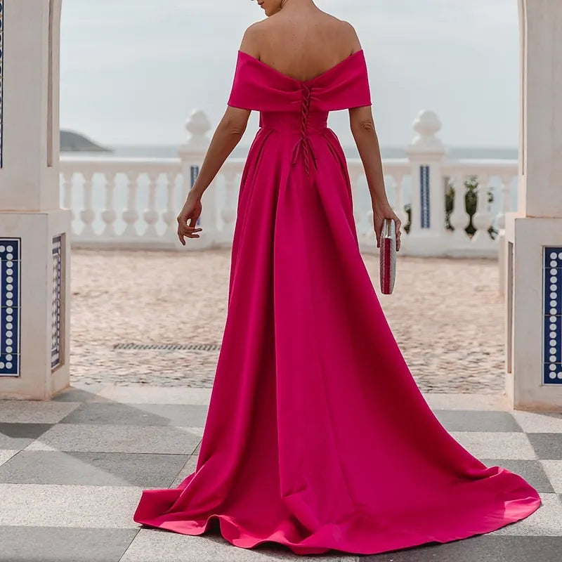 Bold A-line Off-the-shoulder Sleeveless Draped Hot Pink Maxi Prom Dress for Women Ready to Ship