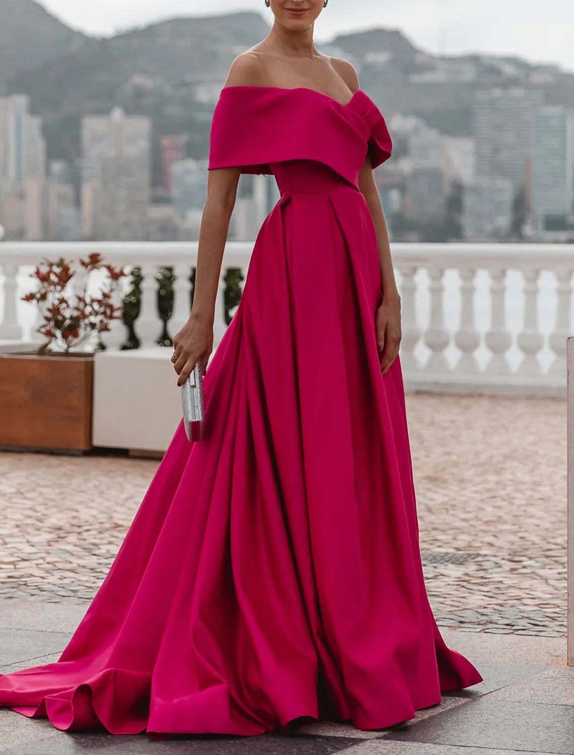 Bold A-line Off-the-shoulder Sleeveless Draped Hot Pink Maxi Prom Dress for Women Ready to Ship