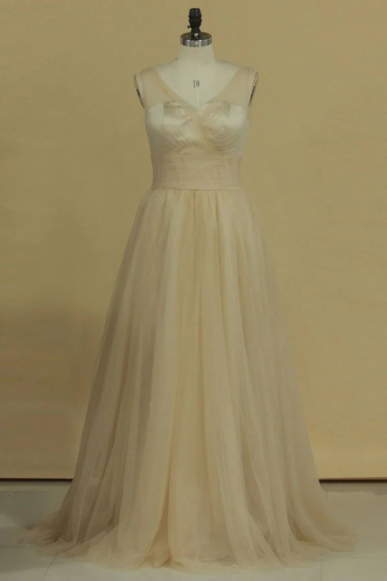 DingJiDress Bridesmaid Dresses A Line V Neck Open Back Ruched Bodice Tulle Floor Length