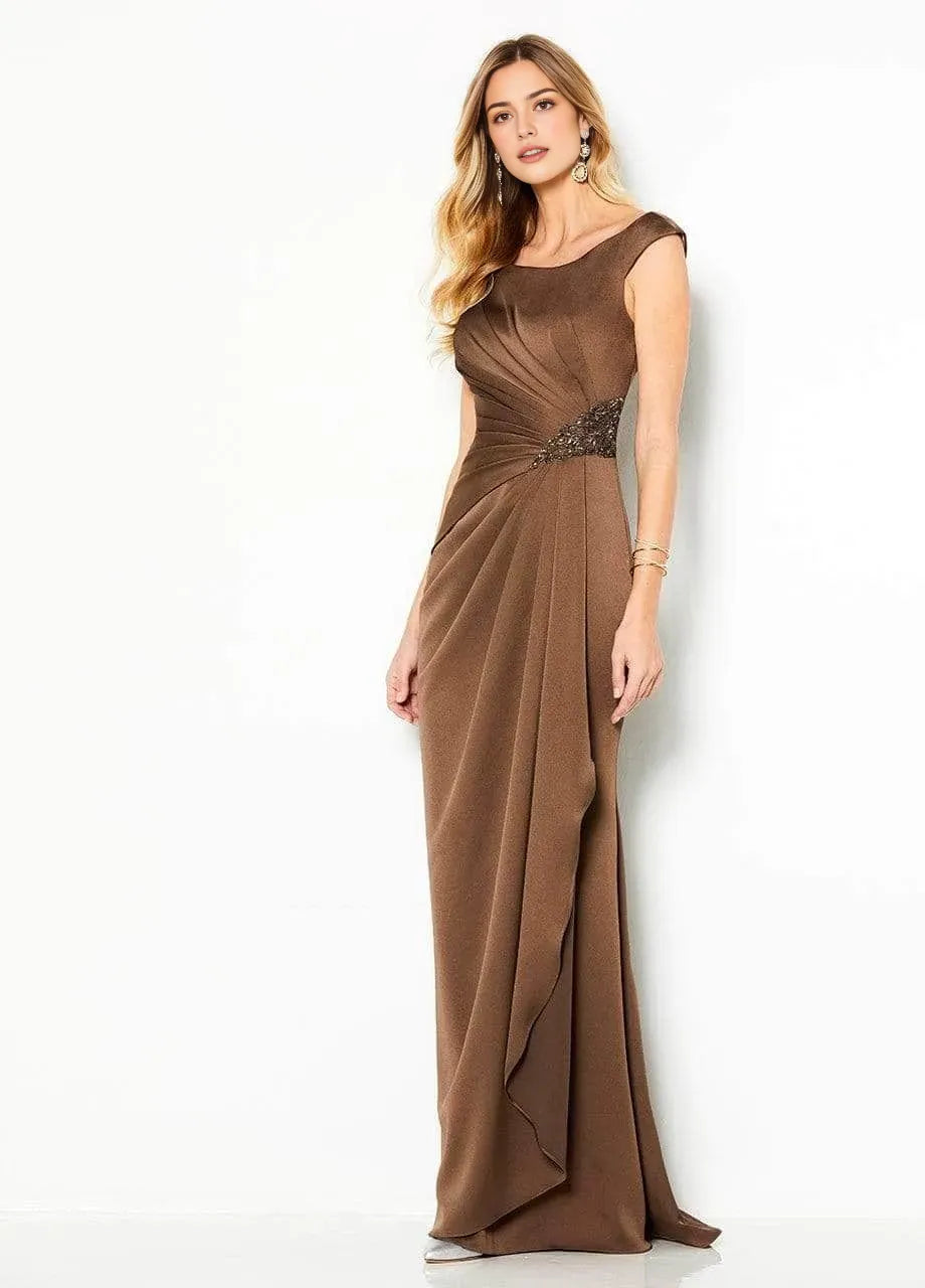 Brown Satin Evening Dress with Asymmetric Neckline Draped Bodice and Beaded Waist Accent for Elegant Occasions
