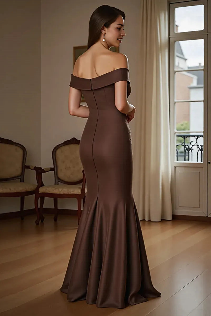 Brown Satin Mermaid Maxi Mother of the Bride Dress with Ruffles