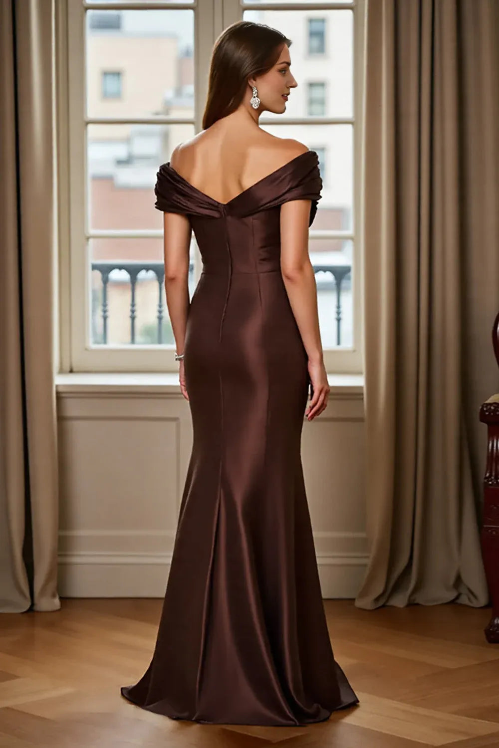 Brown Satin Mermaid Off the Shoulder Mother of the Bride Dress