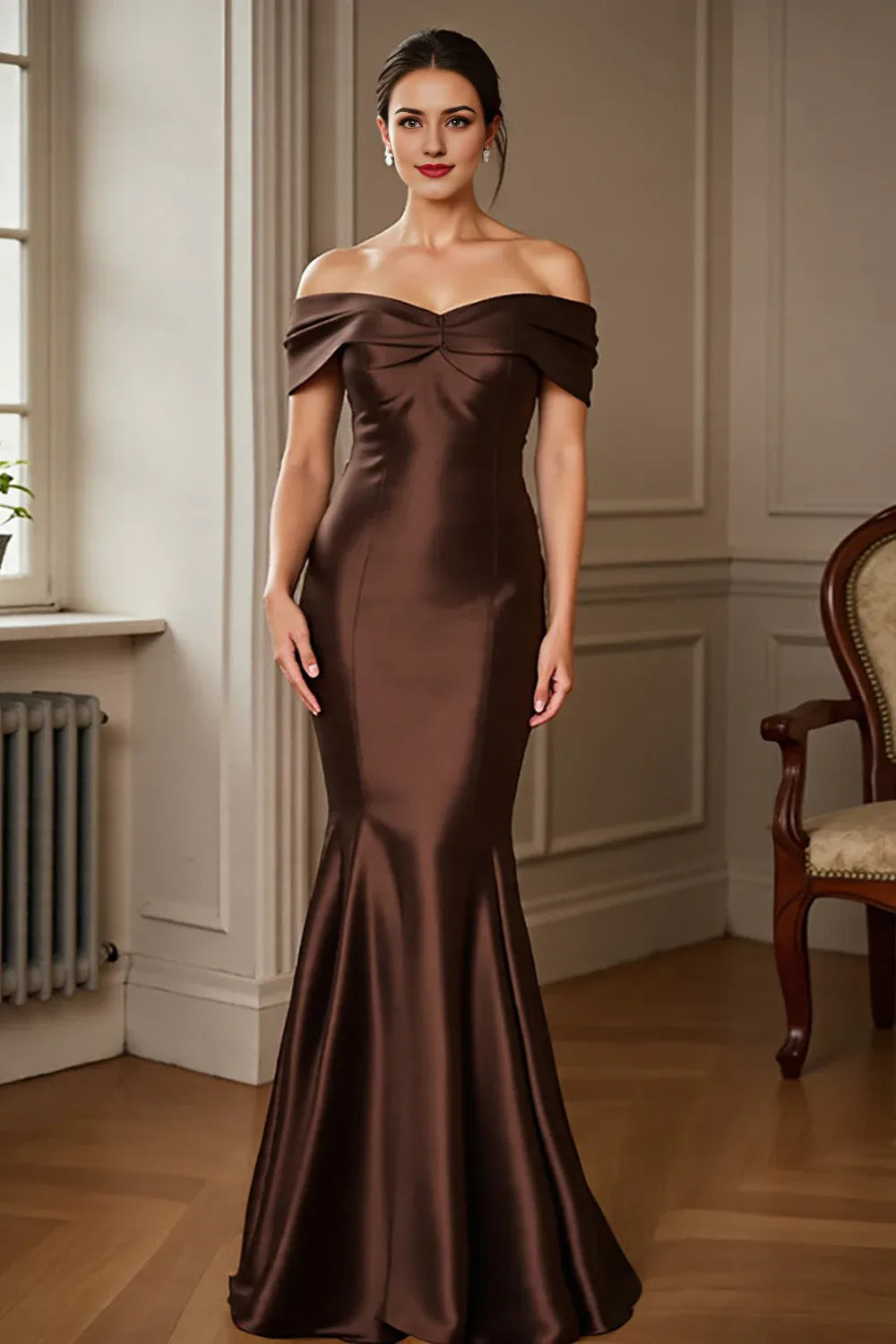 Brown Satin Mermaid Off the Shoulder Mother of the Bride Dress