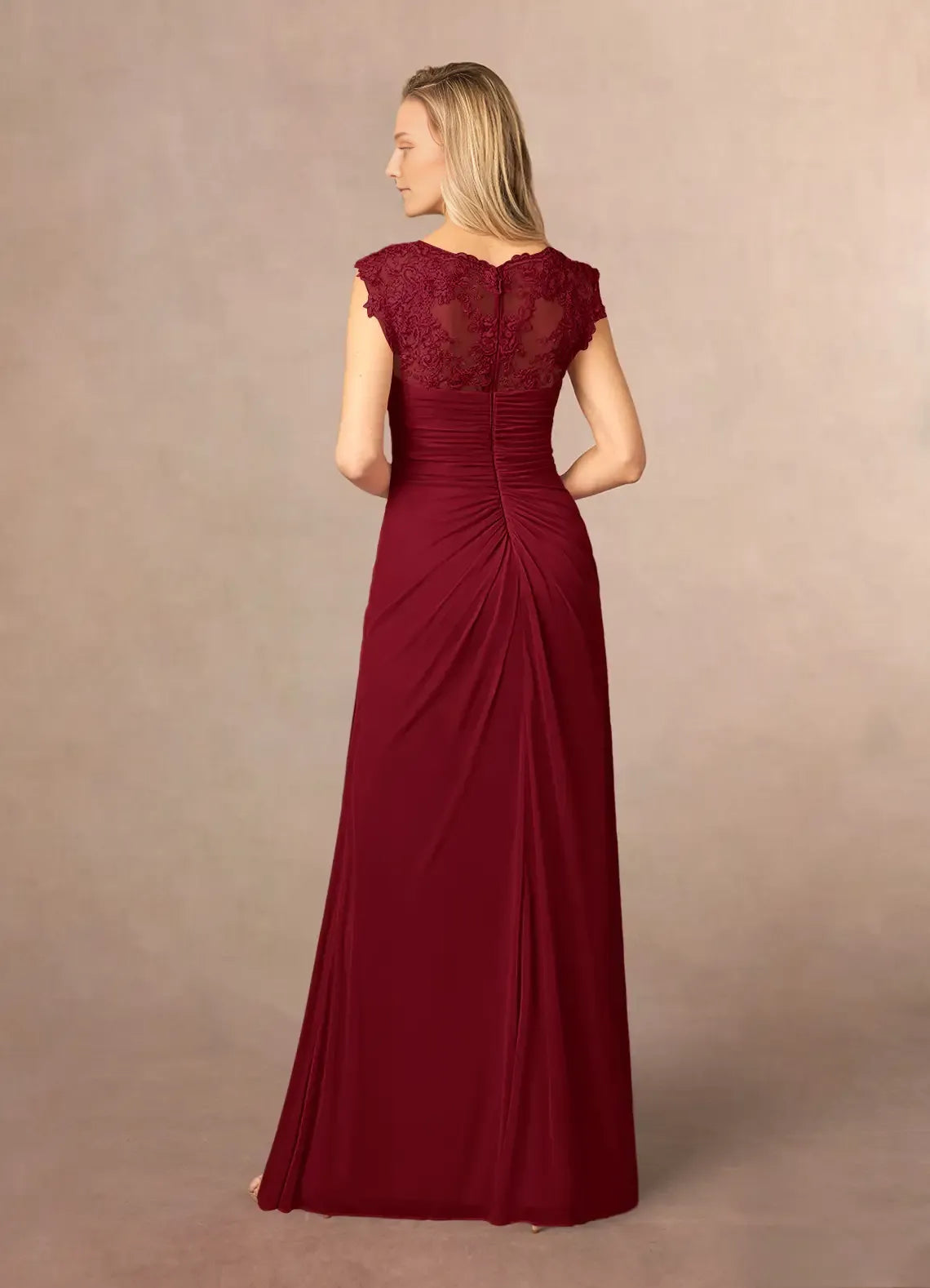 Burgundy A-Line Lace Mother of the Bride Dress with Embroidered V - Neck Cap Sleeves Ruched Chiffon Overlay  ﻿
