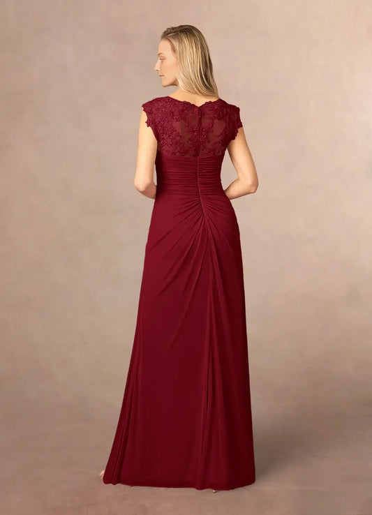 Burgundy A-Line Lace Mother of the Bride Dress with Embroidered V - Neck Cap Sleeves Ruched Chiffon Overlay  ﻿