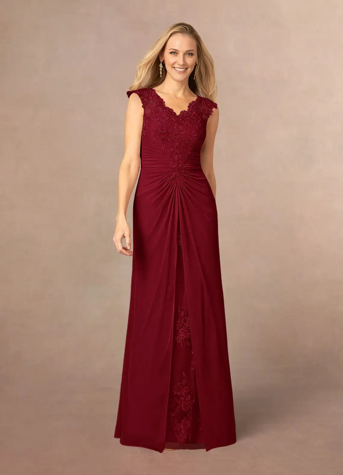 Burgundy A-Line Lace Mother of the Bride Dress with Embroidered V - Neck Cap Sleeves Ruched Chiffon Overlay  ﻿